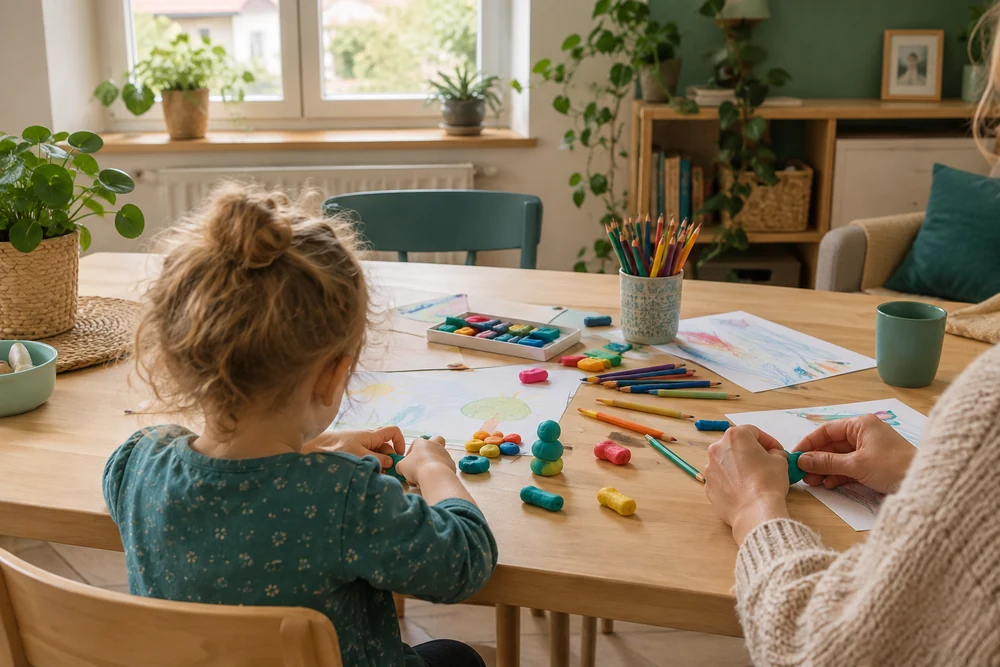 Activités chez une assistante maternelle : table basse avec pâte à modeler, crayons et dessins d'enfants
