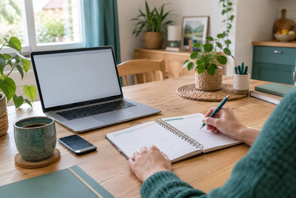 Assistante virtuelle qui organise un planning client dans un agenda papier à côté d'un ordinateur portable