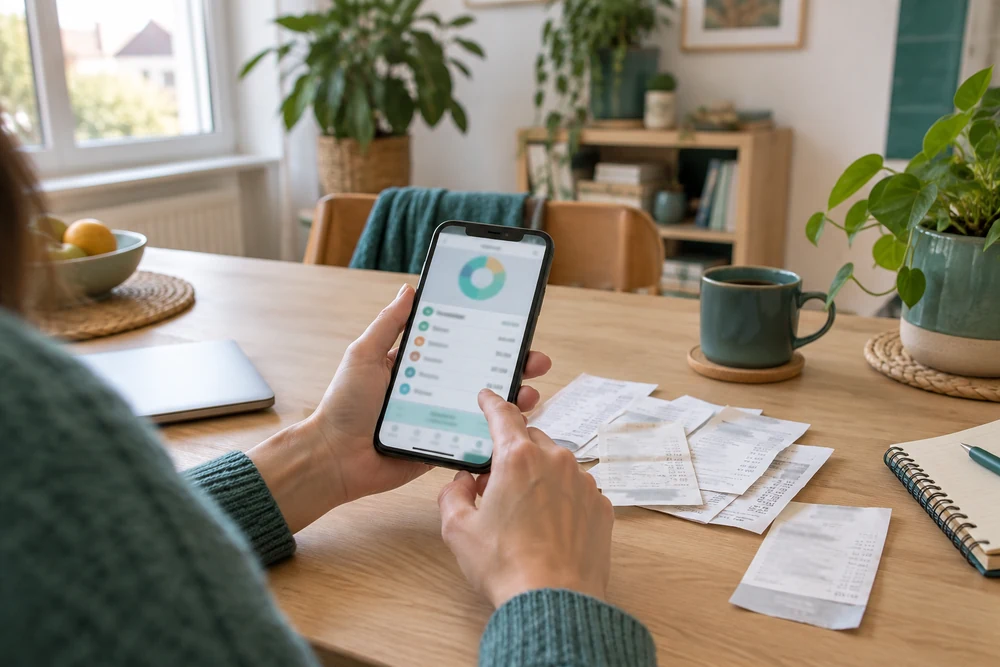 Comptabilité d'auto-entrepreneur sur smartphone : application de gestion floue et reçus papier posés sur la table