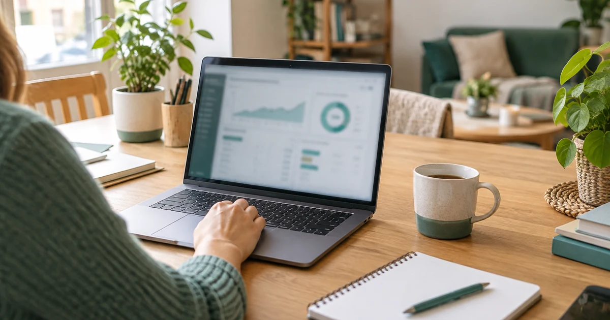Avis Indy : ordinateur portable ouvert sur un tableau de bord comptable flou, carnet et tasse posés sur un bureau clair