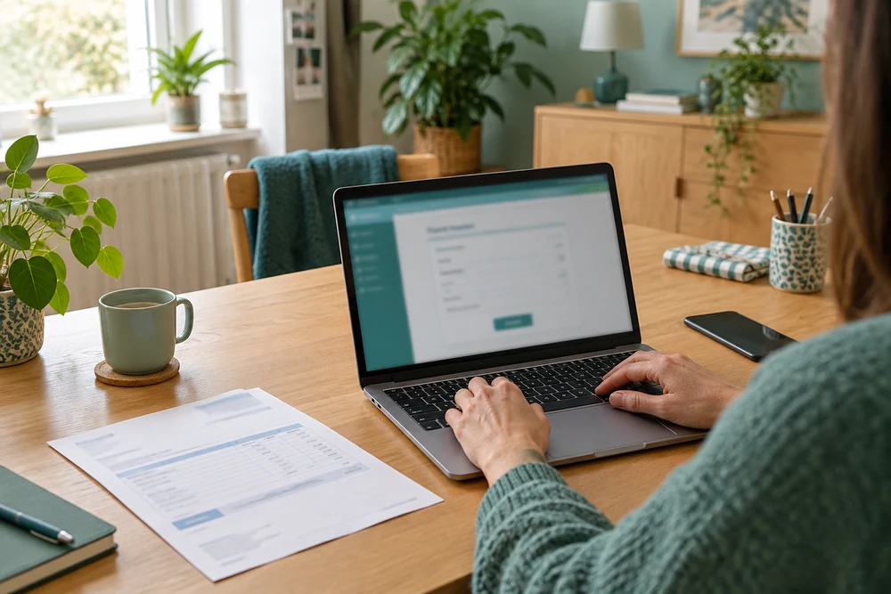 Compte pro au quotidien : mains qui préparent un virement sur ordinateur portable, facture papier posée à côté