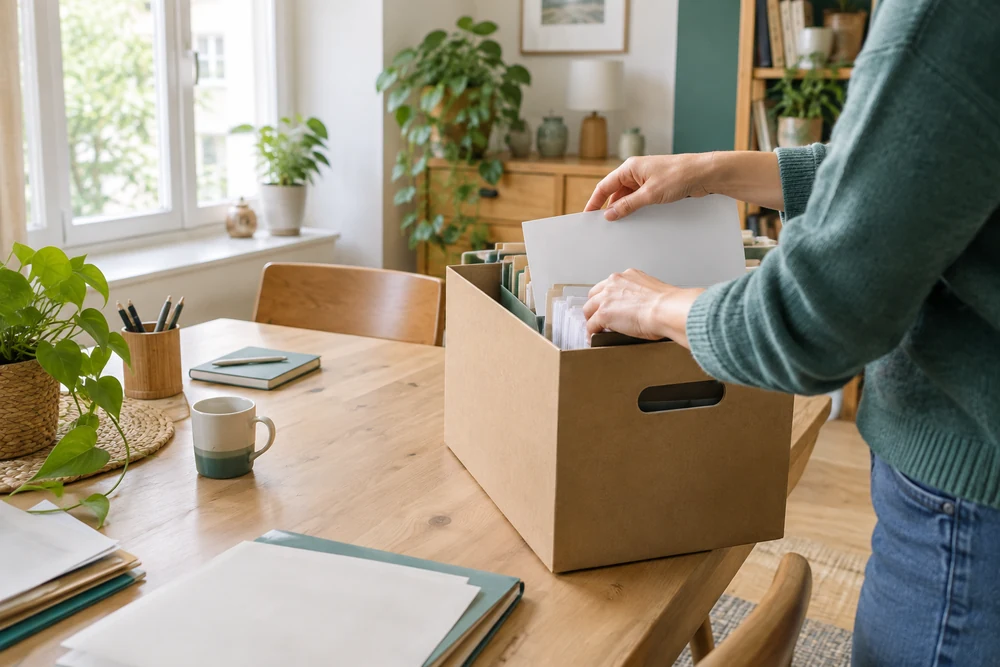 Dernières déclarations avant la fermeture : mains rangeant des documents dans une boîte d'archives
