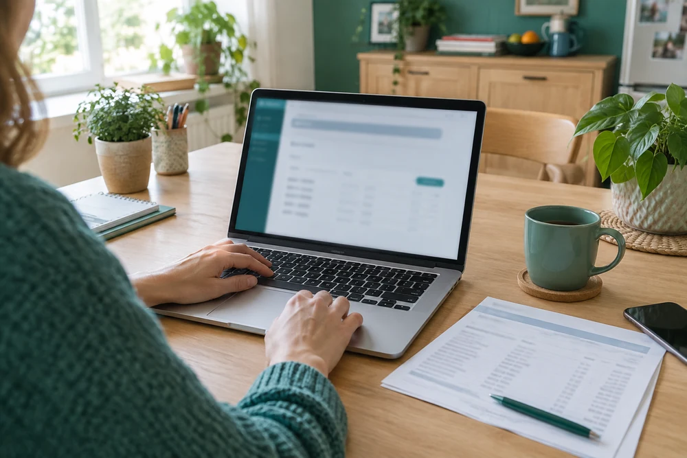 Paiement de la CFE en ligne : mains sur un ordinateur portable ouvert sur l'espace professionnel, relevé bancaire à côté