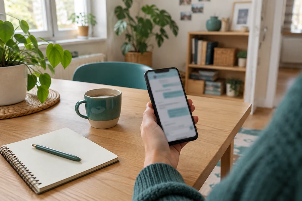Assistant IA utilisé sur smartphone : main tenant un téléphone avec une conversation floue, café et carnet à côté