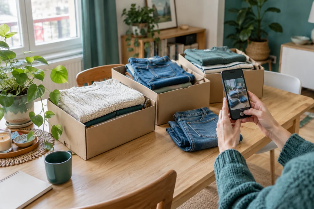 Vendre des objets d'occasion : vêtements pliés dans des cartons et smartphone prêt à photographier sur une table