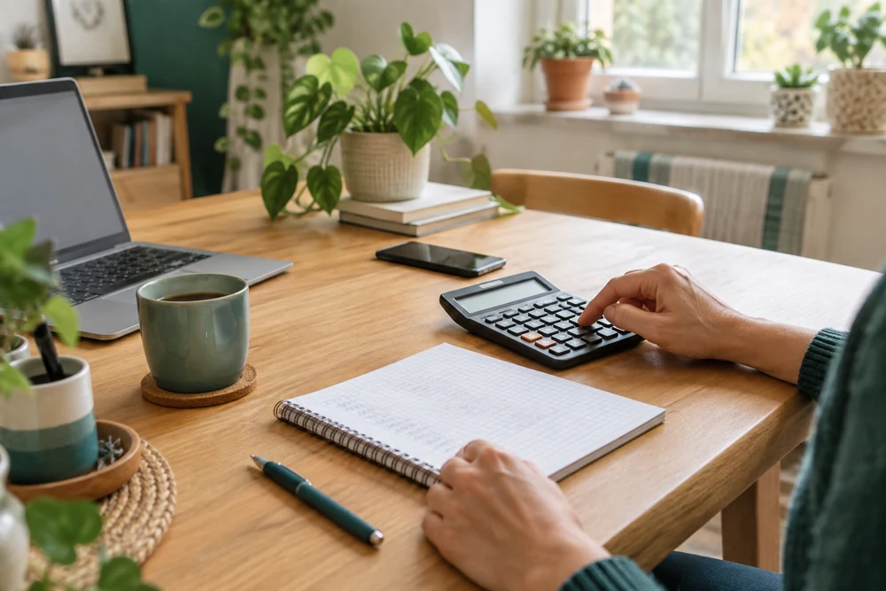Calcul des cotisations de micro-entreprise : mains sur une calculatrice au-dessus d'un carnet de comptes