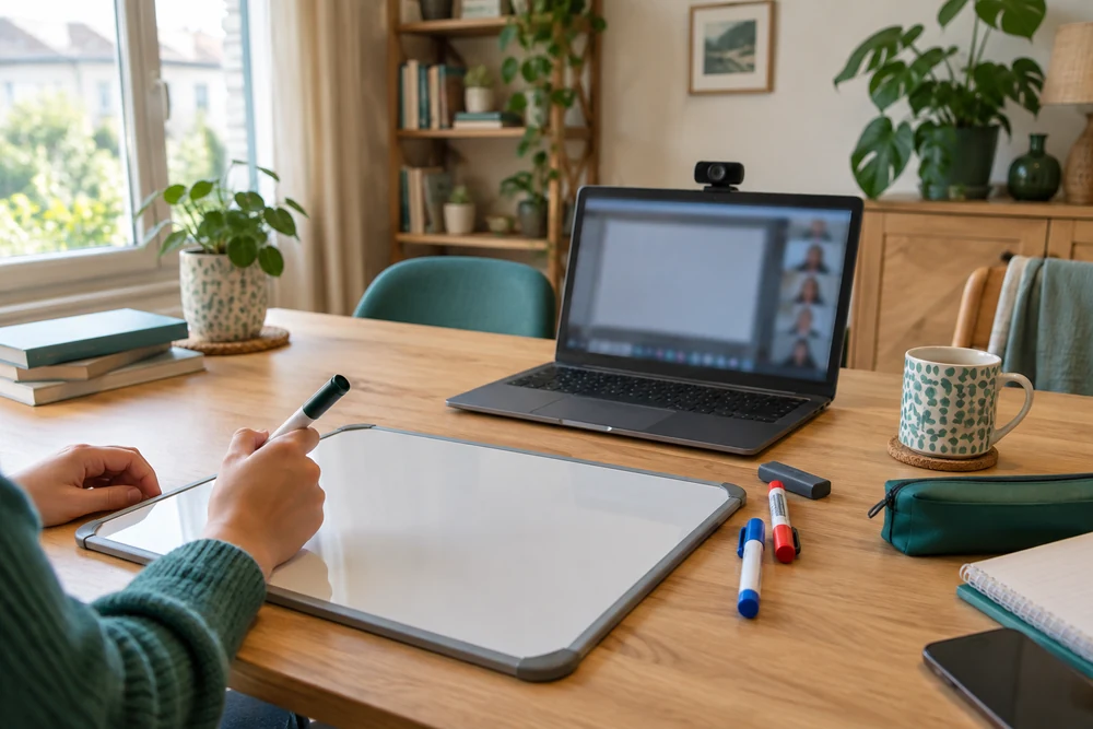 Soutien scolaire à distance : tableau blanc et marqueurs posés devant une webcam sur un bureau