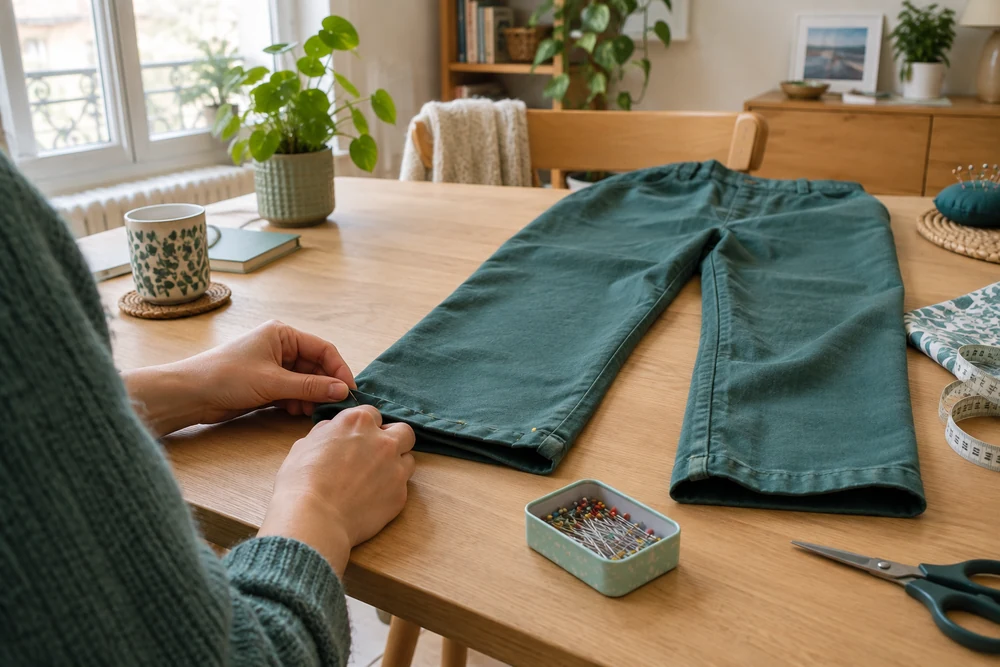 Retouches de couture à domicile : mains qui épinglent l'ourlet d'un pantalon sur une table de travail