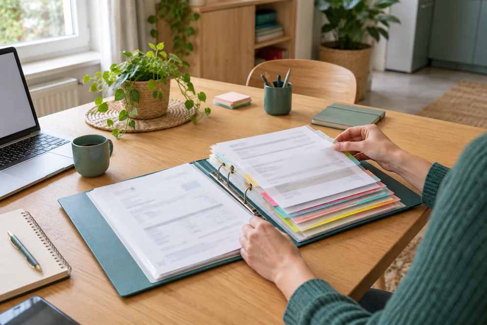 Factures de micro-entrepreneur classées par ordre chronologique dans un classeur ouvert, avec étiquettes de couleur