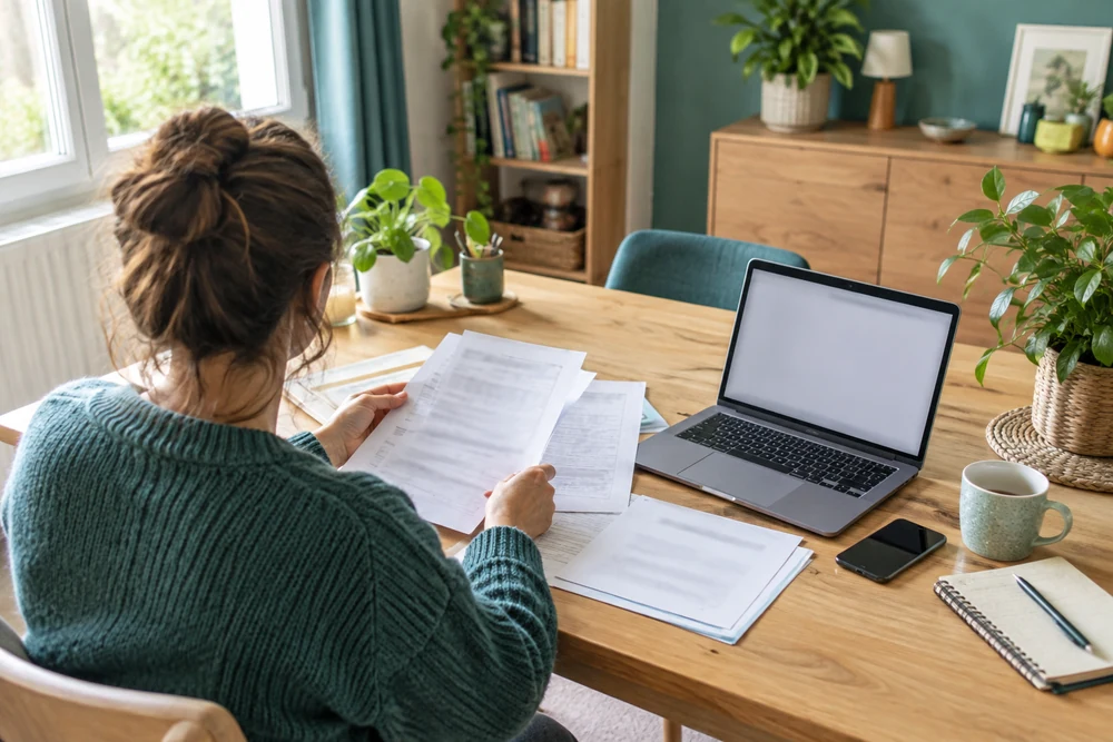 Création de micro-entreprise en ligne : personne de dos vérifiant ses documents scannés à côté de l'ordinateur