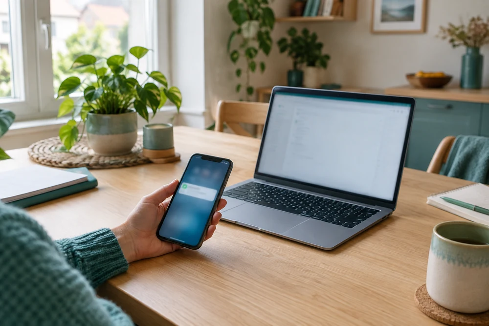 Facture suivie dans un logiciel : smartphone avec une notification de paiement posé à côté d'un ordinateur portable