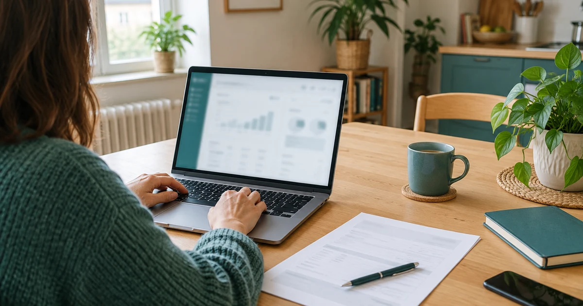 Logiciel de facturation pour micro-entrepreneur ouvert sur un portable, facture imprimée et stylo à côté