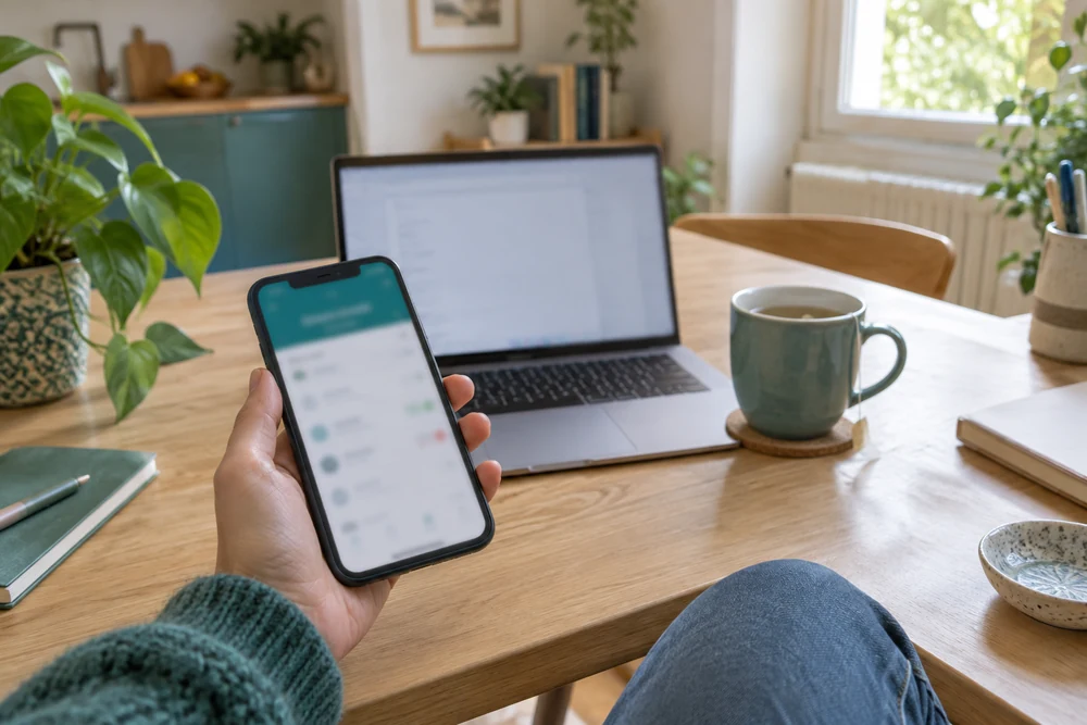 Compte pro géré sur smartphone : main tenant un téléphone avec une application bancaire, ordinateur en arrière-plan