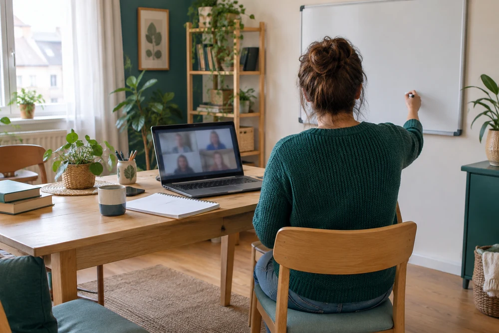 Métier à domicile : personne de dos qui donne un cours en visioconférence depuis son bureau, tableau blanc au mur