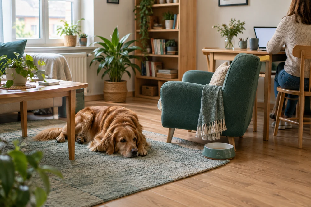 Garde d'animaux à domicile : chien couché sur un tapis près d'un fauteuil et d'une gamelle dans un salon