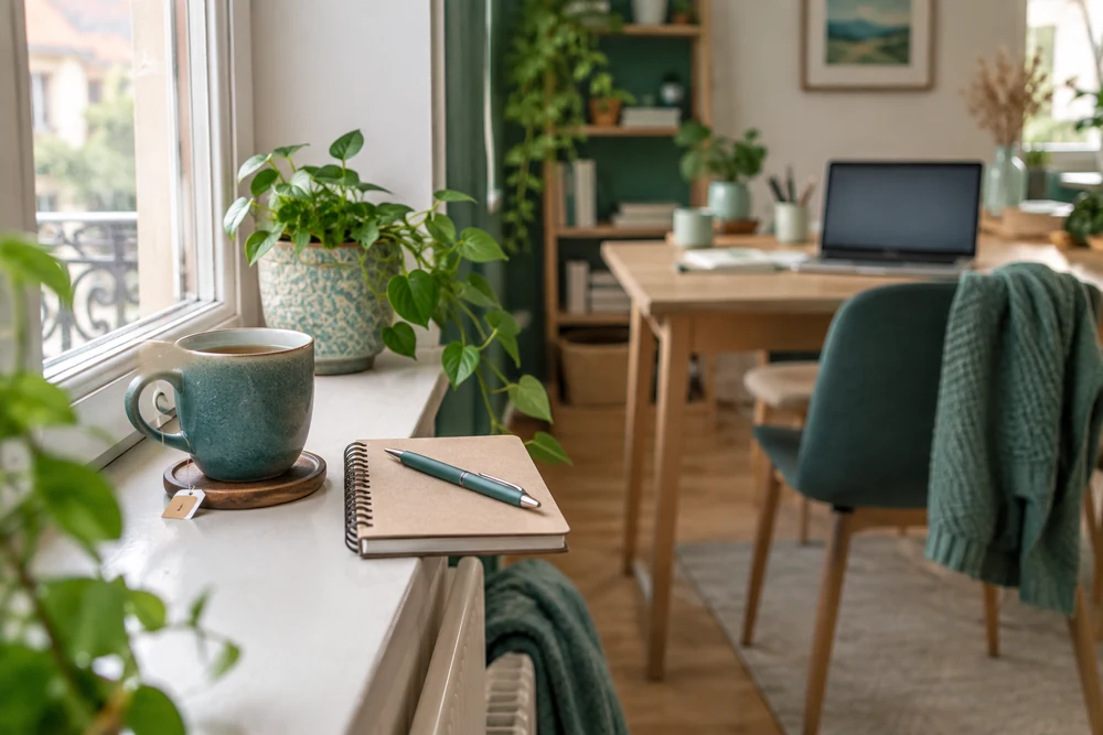 Pause pendant le travail à domicile : tasse de thé et carnet sur un rebord de fenêtre, bureau en arrière-plan