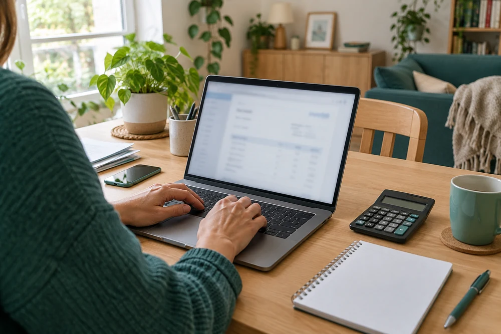 Logiciel de facturation pour micro-entrepreneur : mains sur le clavier d'un portable, calculatrice posée à côté