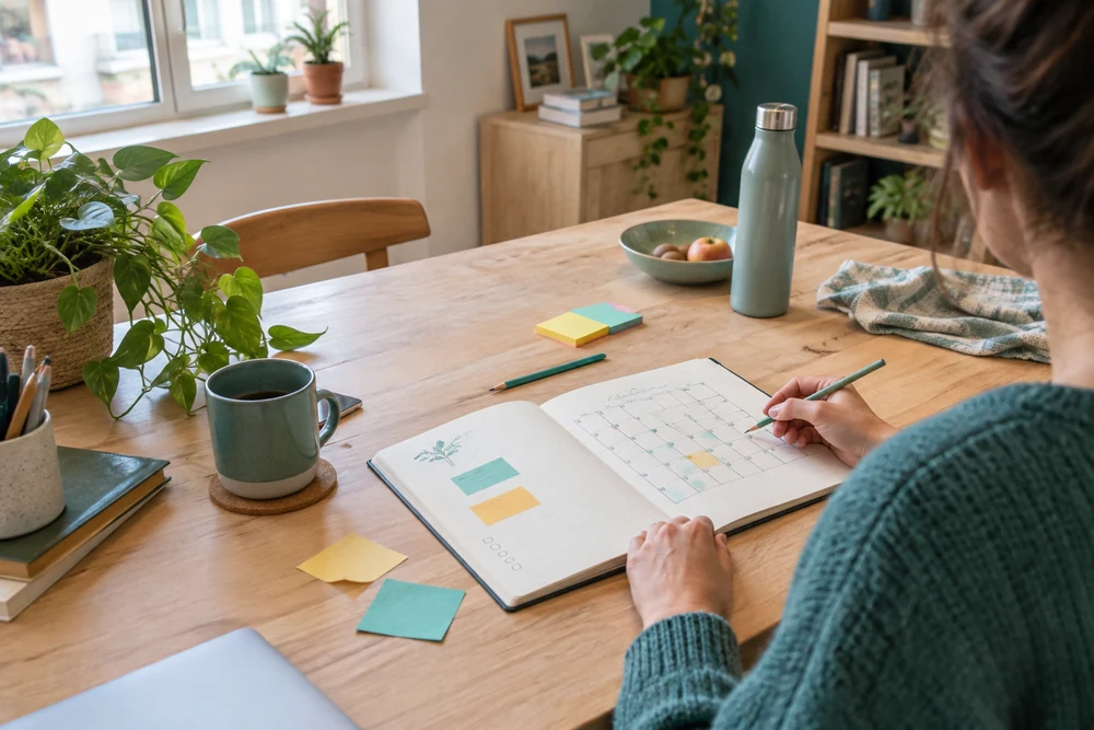 Plan de reconversion préparé dans un carnet avec calendrier dessiné, post-it de couleur et crayon sur une table