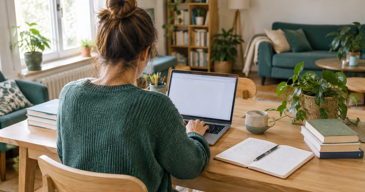Rédacteur web freelance de dos écrivant sur un ordinateur portable dans un salon lumineux, livres et carnet