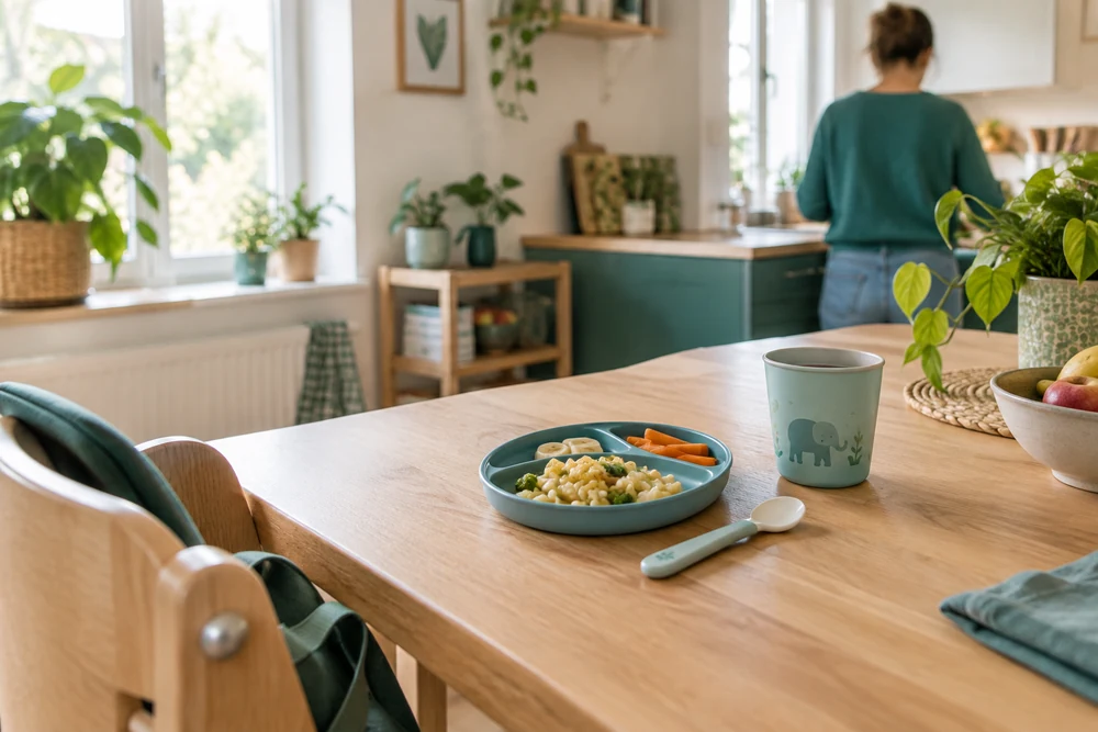Indemnités de repas d'une assistante maternelle : assiette d'enfant, gobelet et cuillère sur une table dans une cuisine