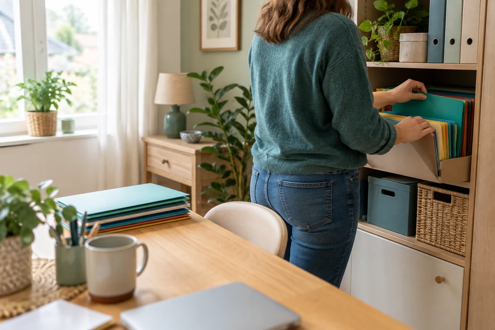 Secrétaire indépendante qui trie des dossiers de couleur dans un meuble de rangement de bureau