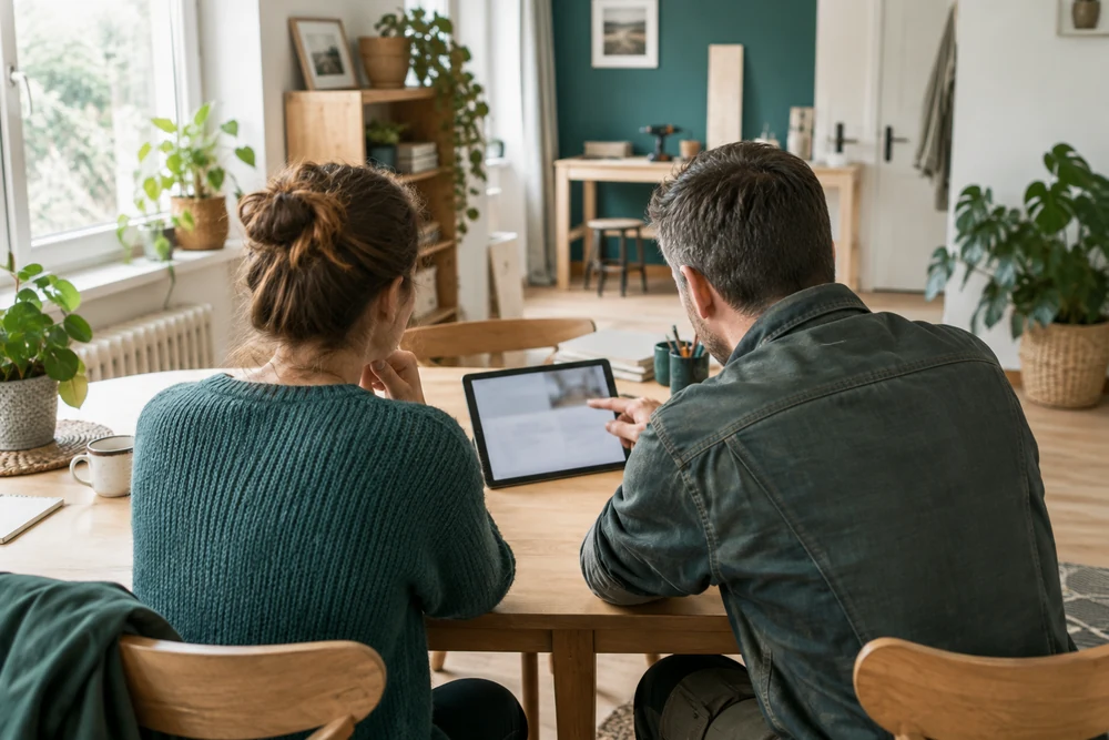 Présenter un service IA à un artisan : deux personnes de dos autour d'une tablette dans un atelier
