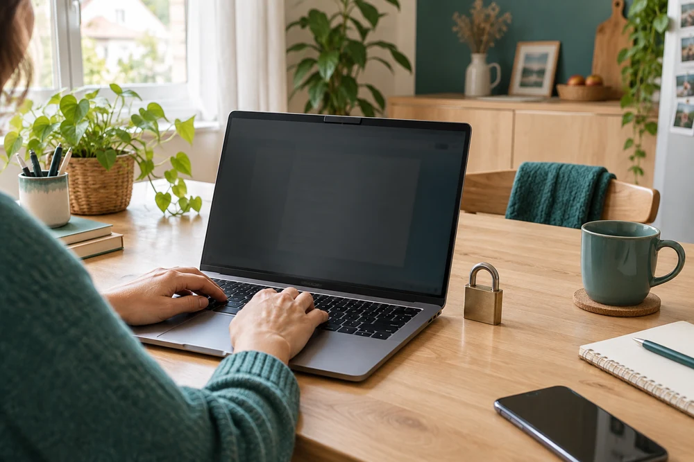 Télésecrétariat médical et confidentialité : écran avec filtre de confidentialité et cadenas près du clavier