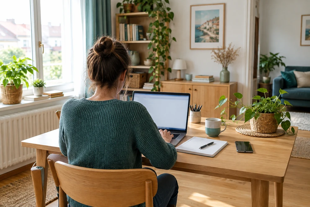 Travail à domicile sérieux : personne de dos travaillant sur ordinateur dans un bureau rangé à la lumière du jour