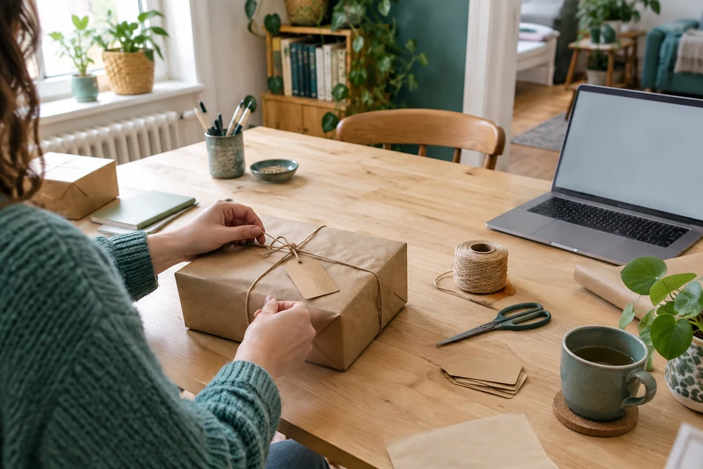Expédition d'une commande Etsy : colis en papier kraft, ficelle et étiquette vierge sur une table