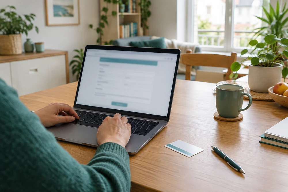 Modifier son activité en ligne : ordinateur portable ouvert sur un formulaire flou, avec un stylo et un carnet
