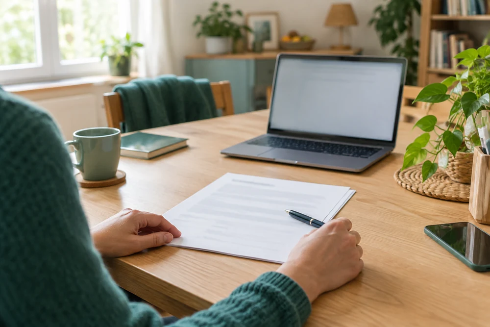 Clause IA dans un contrat de prestation : feuilles de contrat floues et stylo, ordinateur portable en arrière-plan