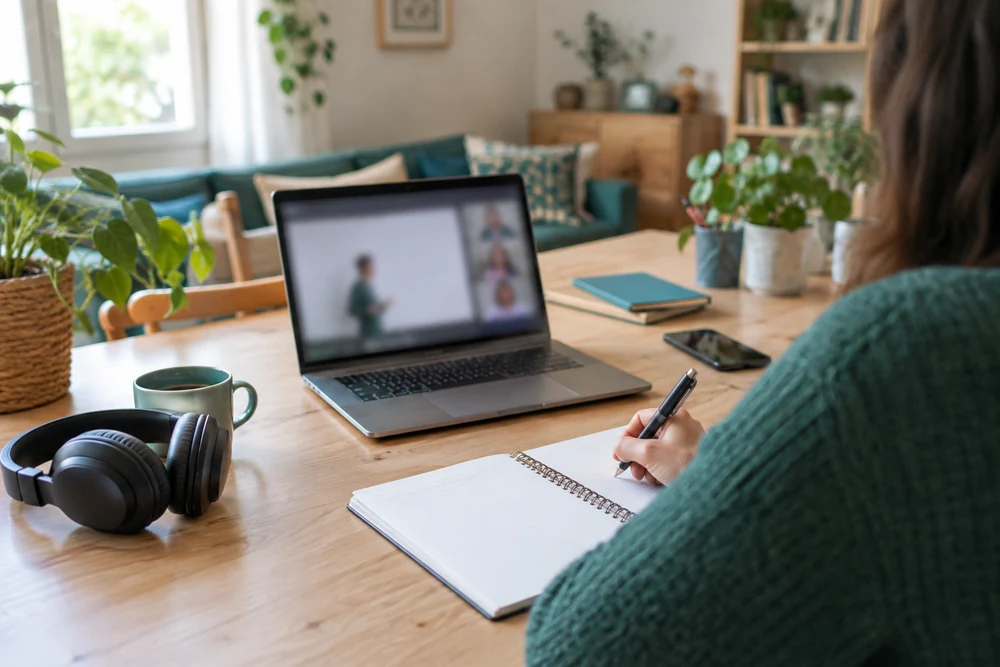 Formation IA à distance : ordinateur portable en visioconférence floue, casque audio et carnet ouvert sur le bureau