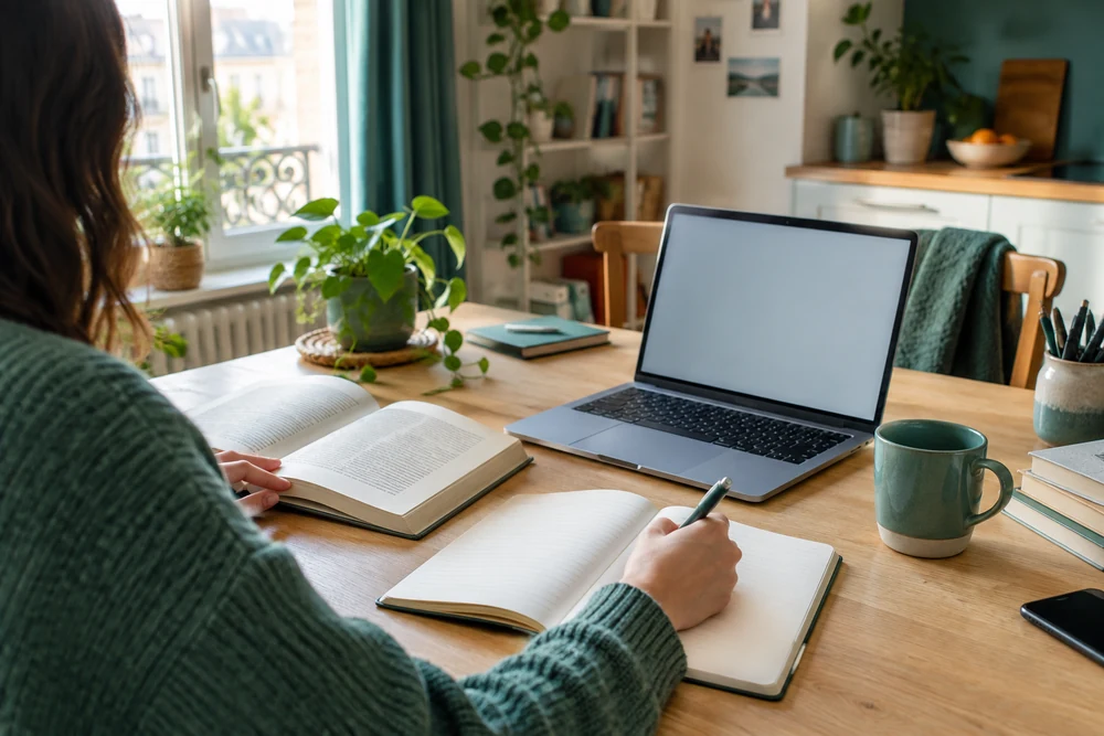 Se former pour s'adapter à l'IA : livres et carnet ouverts à côté d'un ordinateur portable sur un bureau