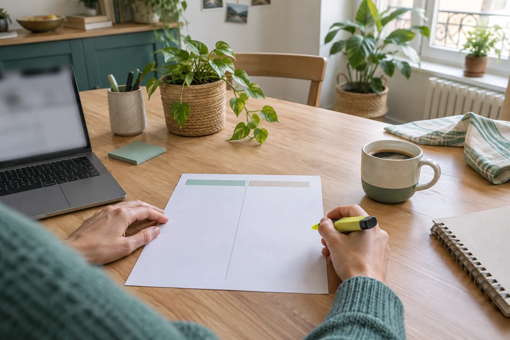 Comparer micro-entreprise, SASU et EURL : feuille avec tableau à deux colonnes, surligneur et tasse de café