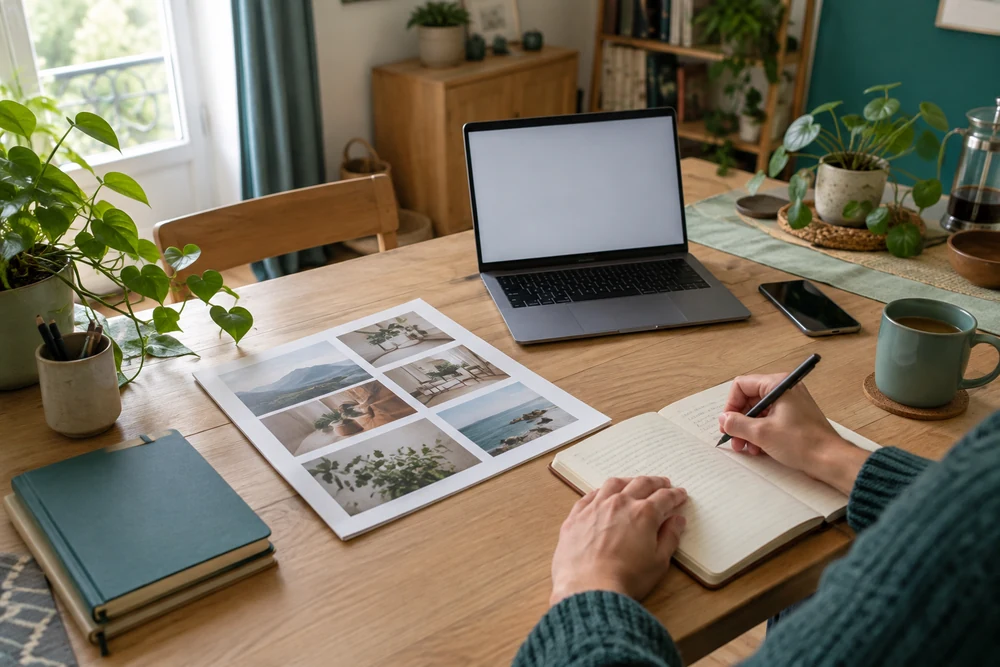 Créer un profil freelance qui convertit : mains qui écrivent une présentation à côté d'un portfolio imprimé