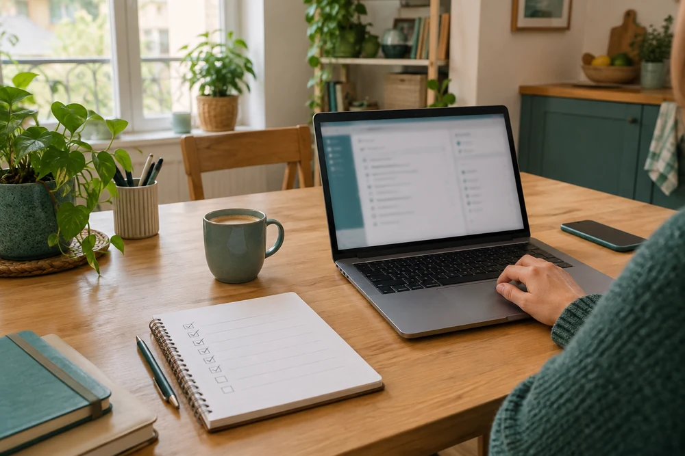 Organiser son travail avec l'IA : liste de tâches papier cochée à côté d'un ordinateur portable et d'un café